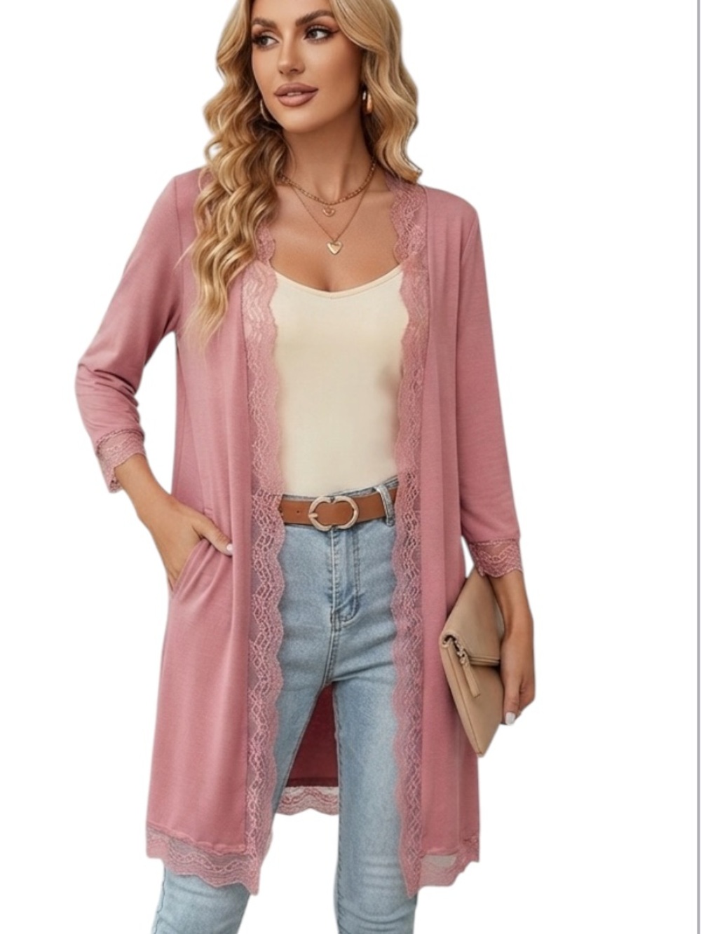 SHEIN LUNE Contrast Lace Open Front Coat size L NWT - Picture 2 of 16